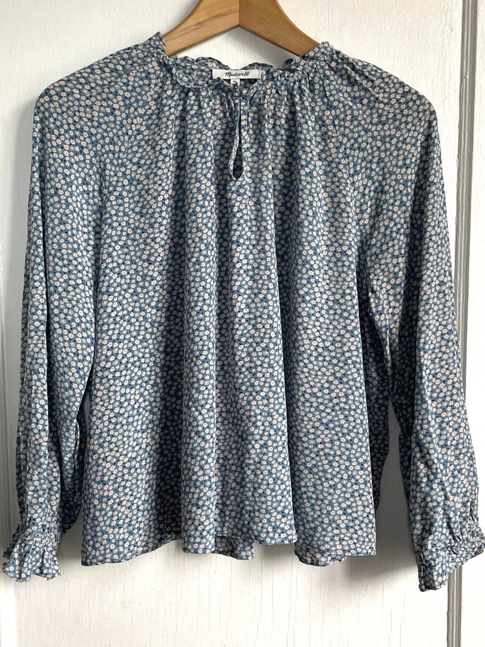 Madewell 100% Silk Blouse Blue Floral Ditsy XL Ruffle Neck Balloon Sleeve Boho